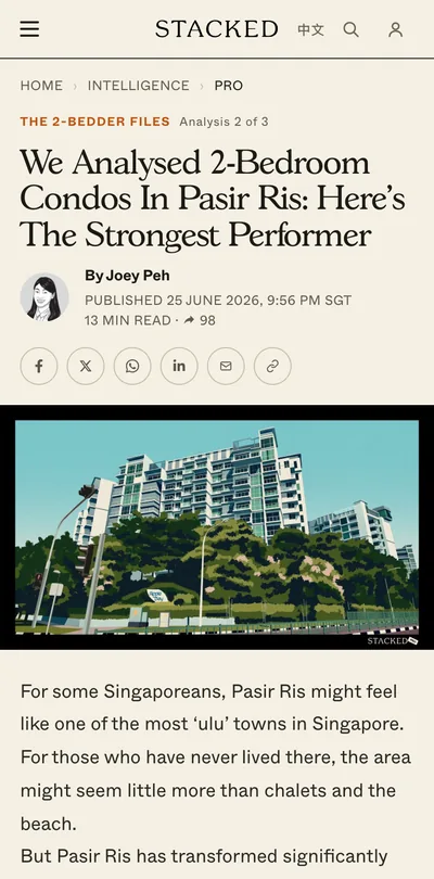 A Stacked analysis of two-bedroom condos in Pasir Ris, open on a phone